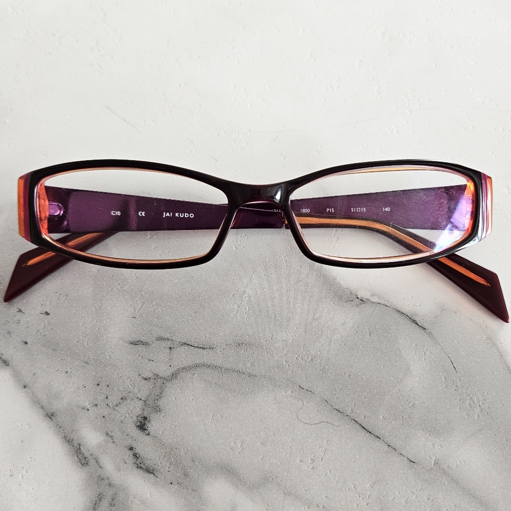 Jai Kudo Glasses: Purple and Orange Rectangular Bayonette Glasses